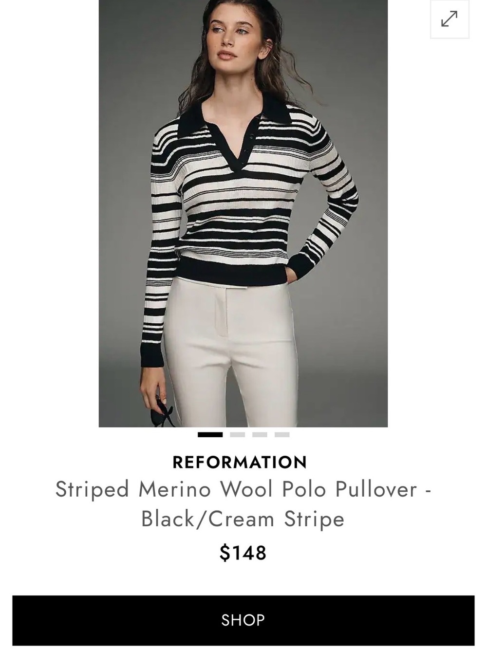 Reformation Black and Cream Striped V-Neck Polo Sweater